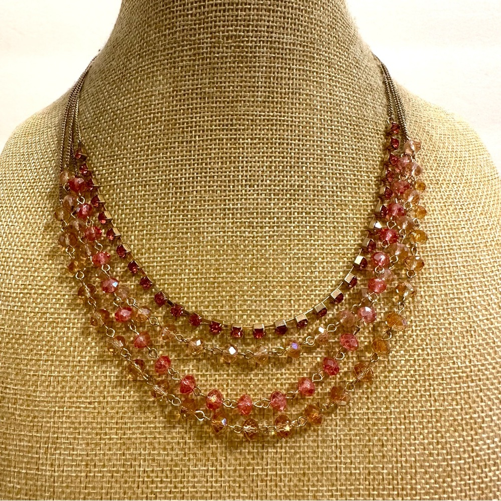 Ali-Khan New York Necklace Gold multistrand, glass facet beads- pink & champagne